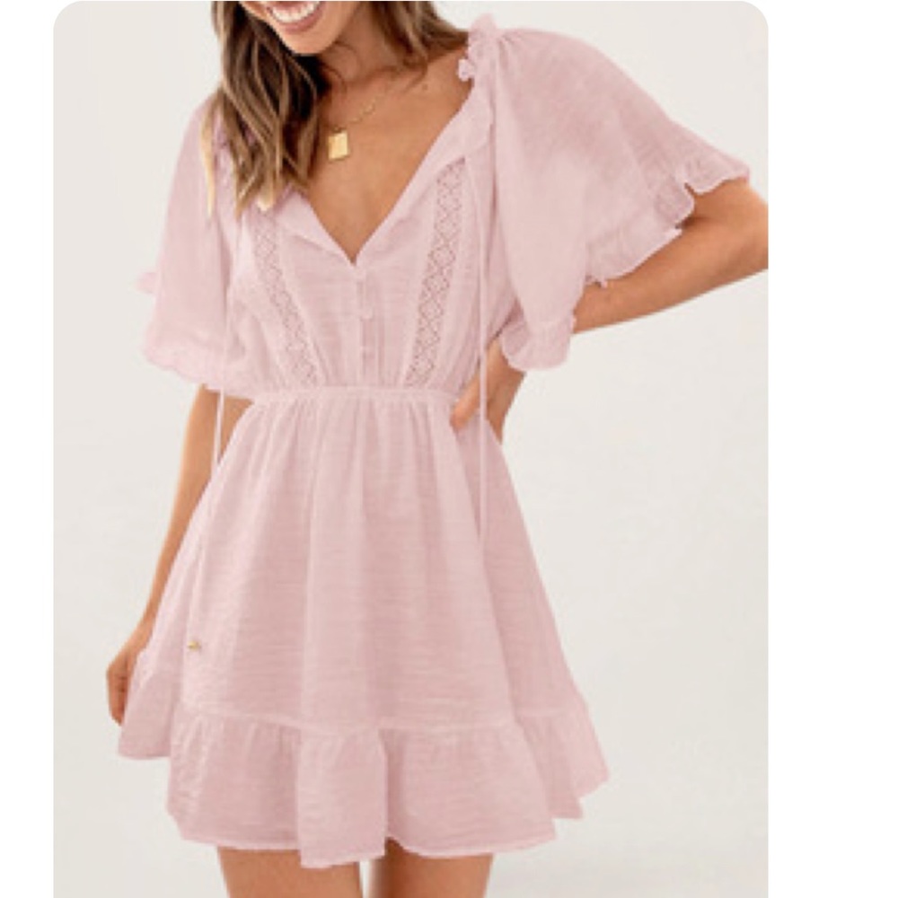 Pink Crochet Lace Flutter Sleeve Mini Dress
